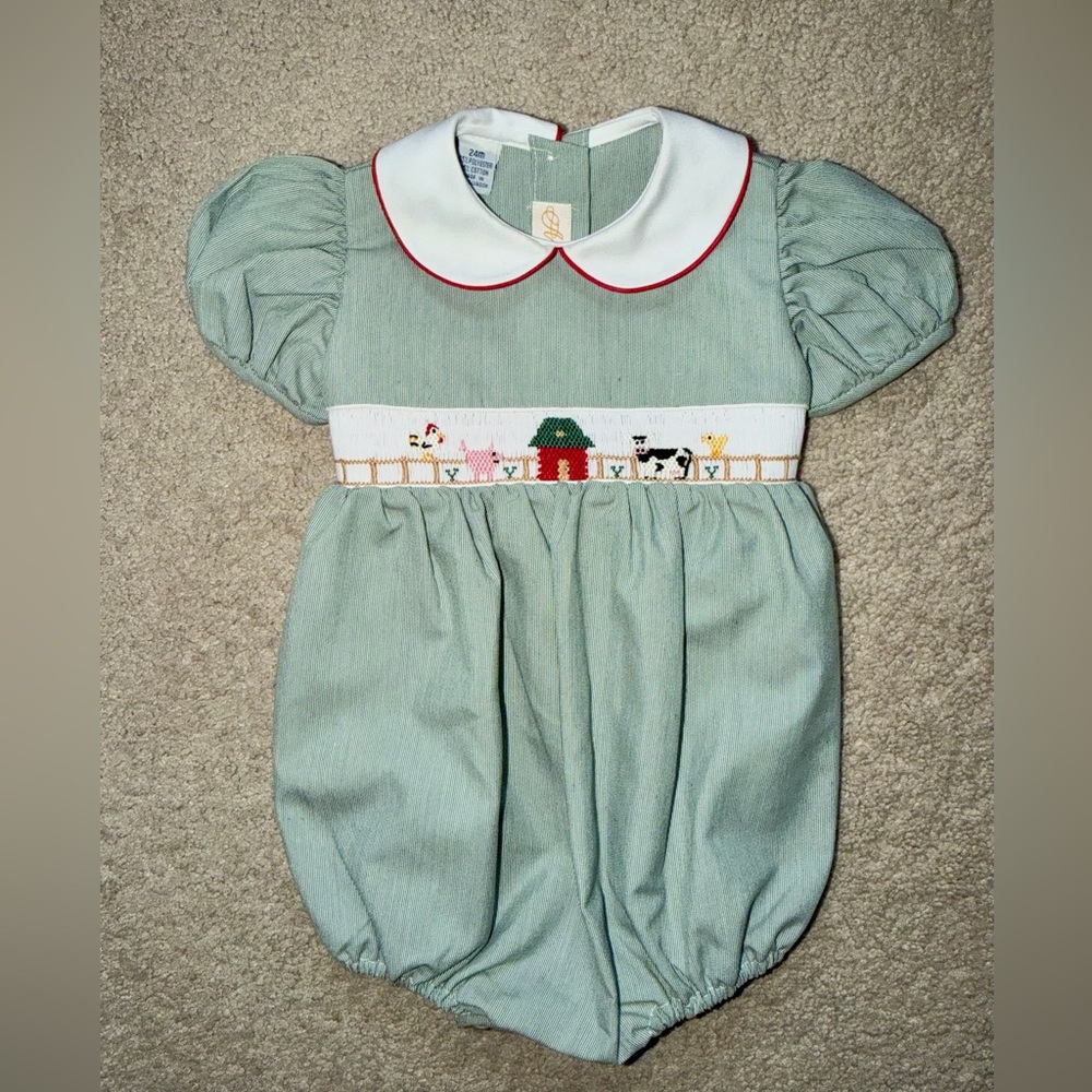 Anavini Farm Animal Smocked Bubble Romper with Peter Pan Collar